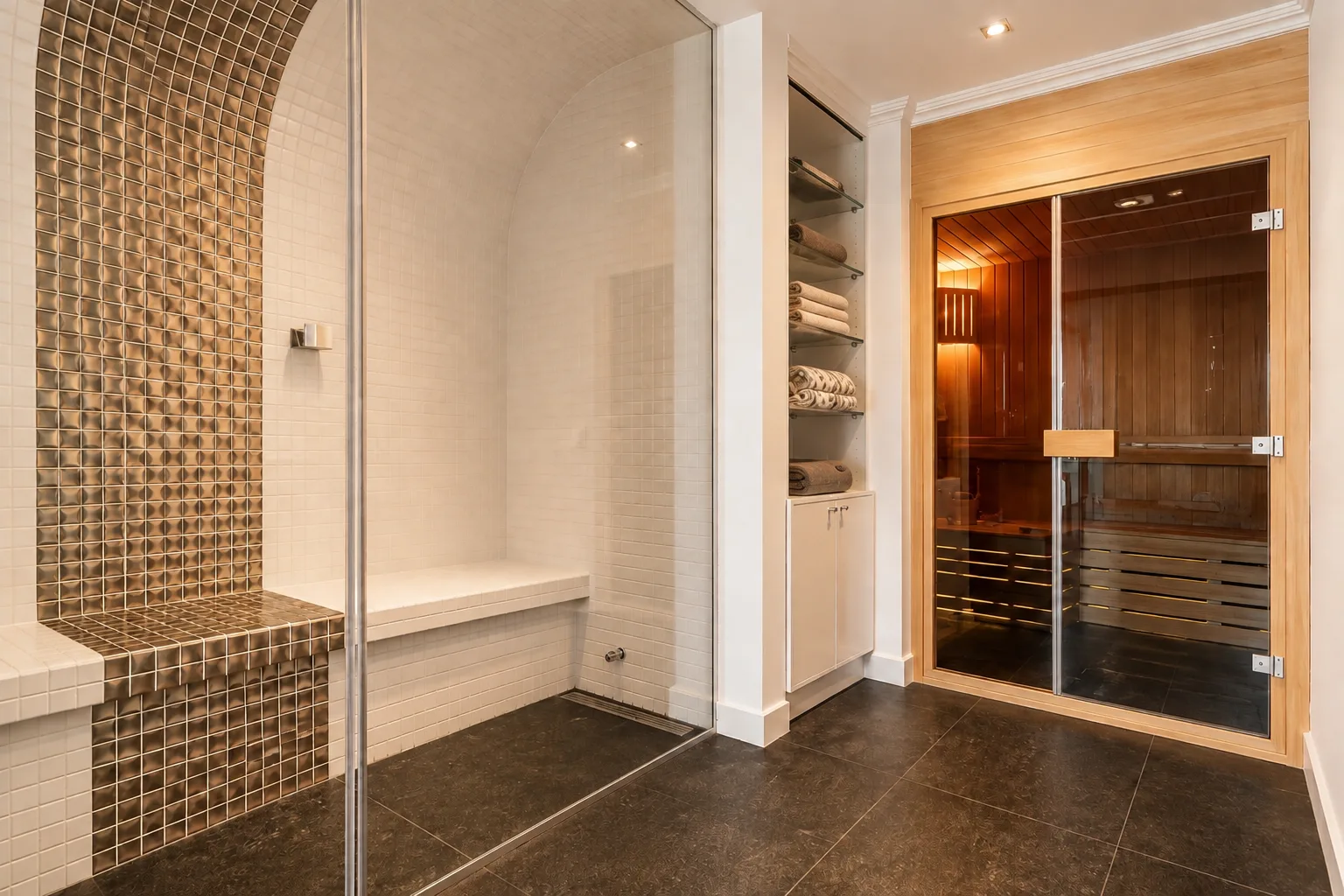 The villa's steam room, with a tiled vaulted bench behind glass and the sauna entrance alongside